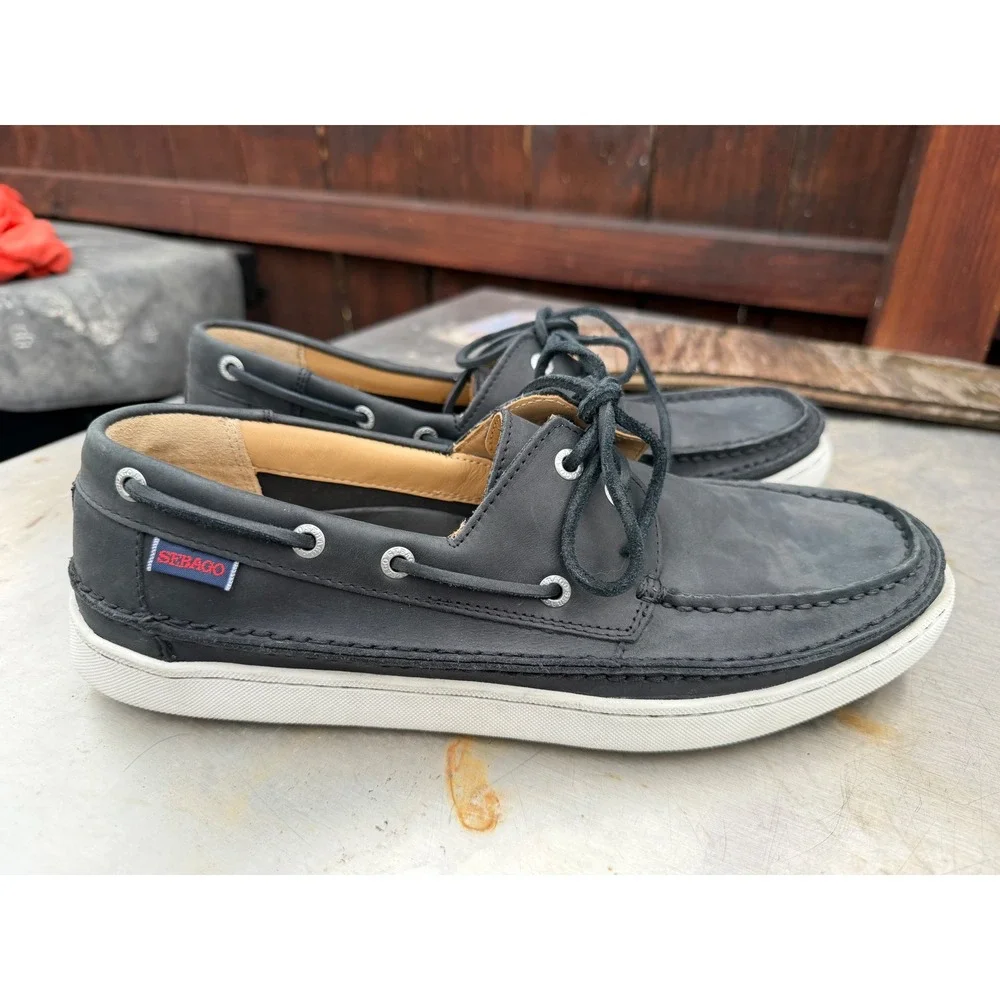 Sebago Ryde 2 Eye Black Leather Boat Shoes Mens 10M B226076 Deck Shoes Loafers